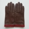 Gants en Cuir d'Agneau Marrons Rouges Tippi Doublés Soie.
