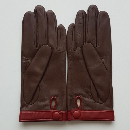 Gants en Cuir d'Agneau Marrons Rouges Tippi Doublés Soie.