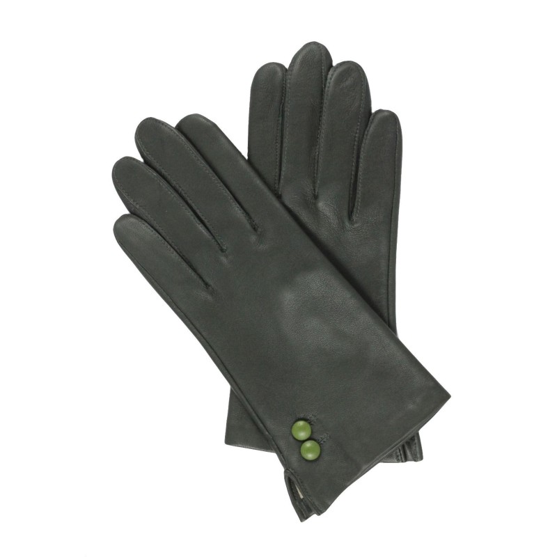 Gants en Cuir d'Agneau Kaki, Vert Clémentine, Doublés en Soie.