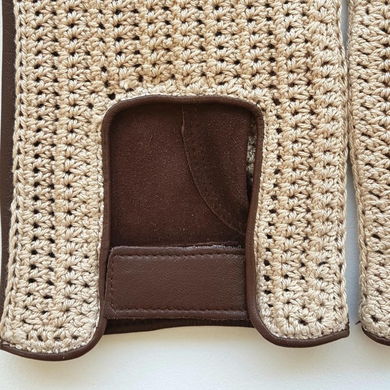 Gants en Cuir d'Agneau Crochet Coton havane Beige Abel Non doublés.