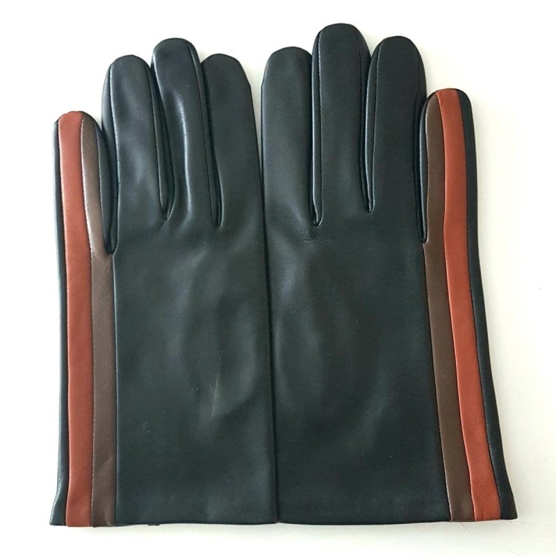 Gants en Cuir d'Agneau Noir Cognac Tobacco Akano Doublés Soie.