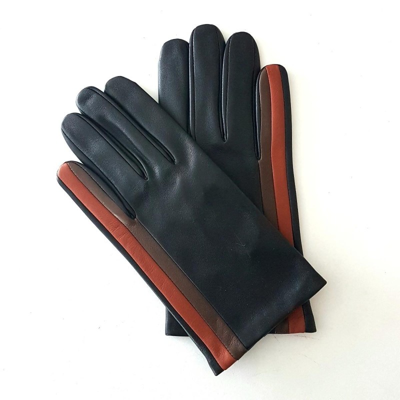 Gants en Cuir d'Agneau Noir Cognac Tobacco Akano Doublés Soie.