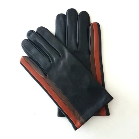 Gants en Cuir d'Agneau Noir Cognac Tobacco Akano Doublés Soie.