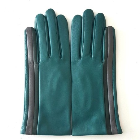 Gants Cuir d'Agneau Vert Evergreen Gris Akane Doublés soie.