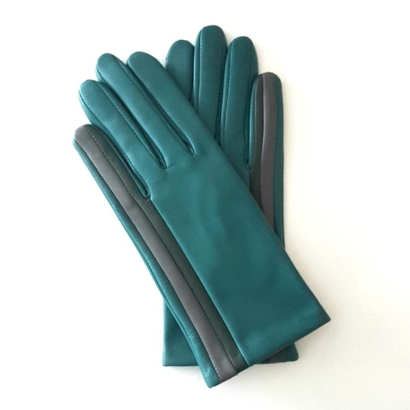 Gants Cuir d'Agneau Vert Evergreen Gris Akane Doublés soie.
