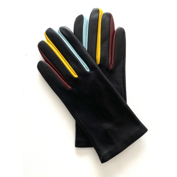 Leather gloves of lamb black, sky and yellow colored "CARLA"