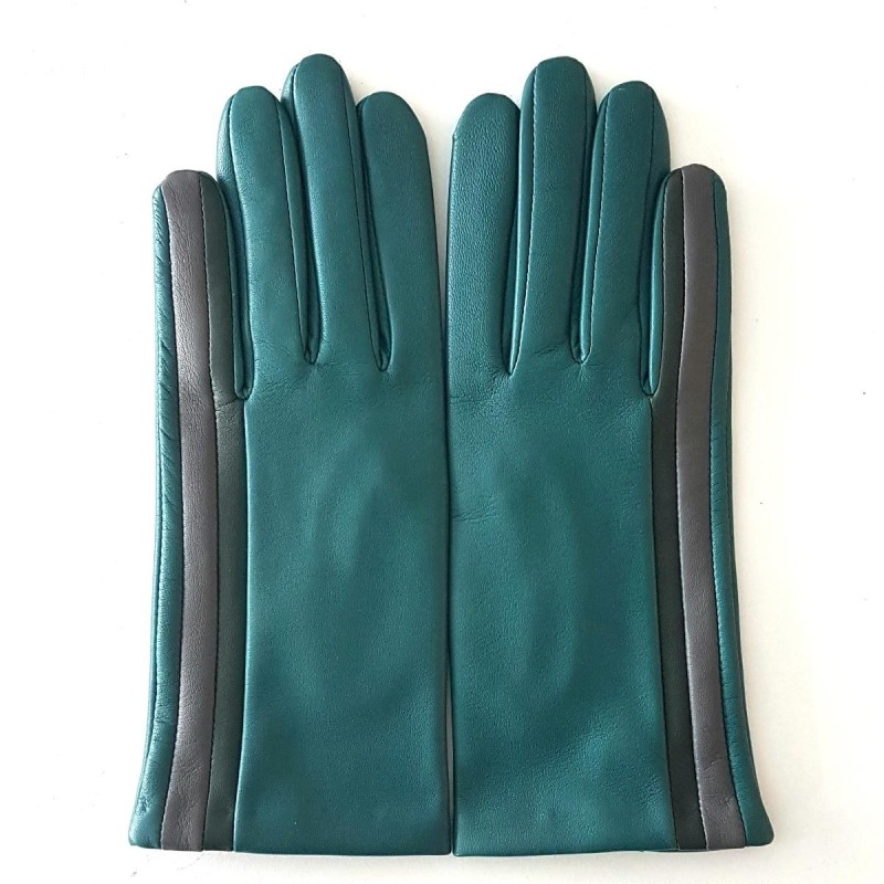 Gants Cuir d'Agneau Vert Evergreen Gris Akane Doublés soie.