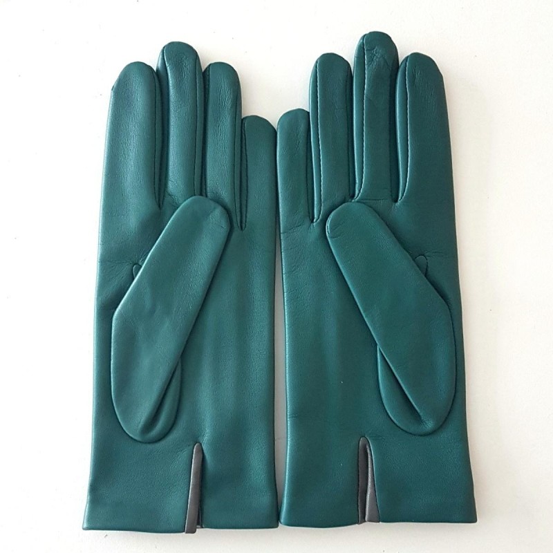 Gants Cuir d'Agneau Vert Evergreen Gris Akane Doublés soie.