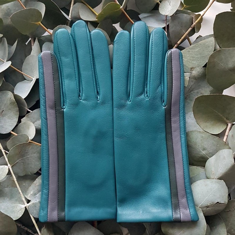 Gants Cuir d'Agneau Vert Evergreen Gris Akane Doublés soie.
