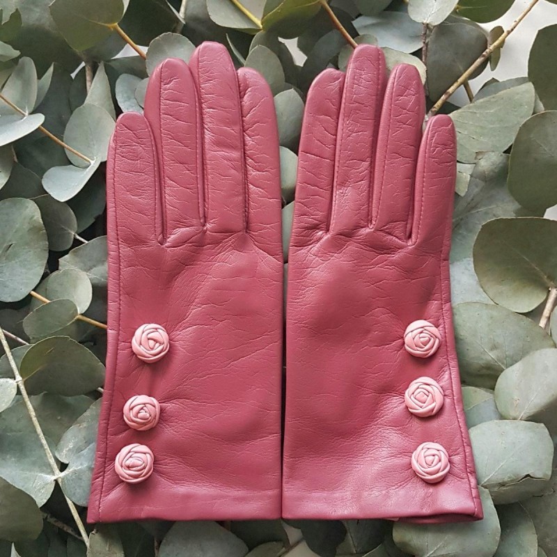 Gants en Cuir d'Agneau Rose Antique Blossom Mia Doublé soie