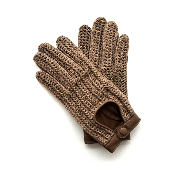 Gants en cuir d'agneau et crochet coton biscuit "ALFREDINE".