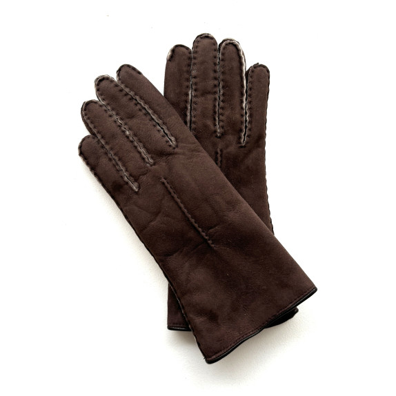 Leather gloves of sherling brown "ANASTASIA".