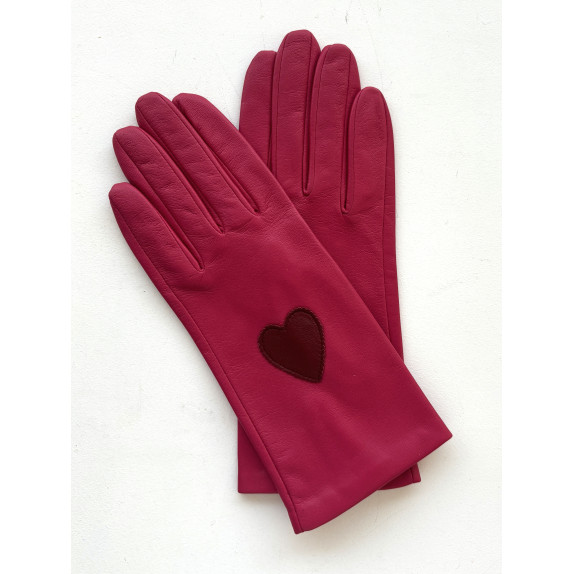 Leather gloves of lamb orchid and red h "COEUR"