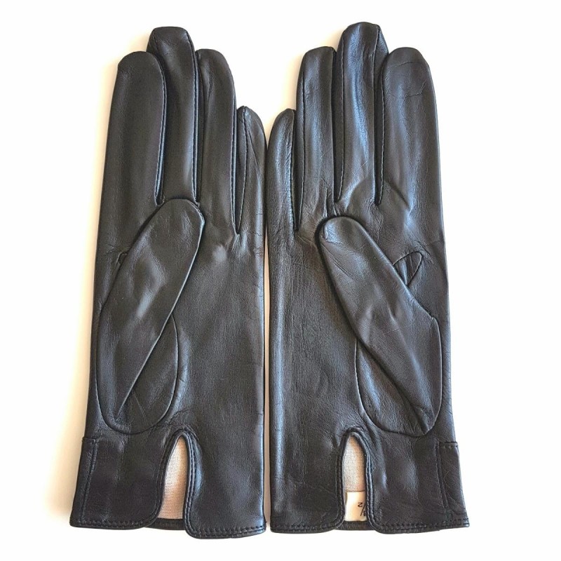 Gants en Cuir d'Agneau Noir Sable Anémone Doublés Soie.