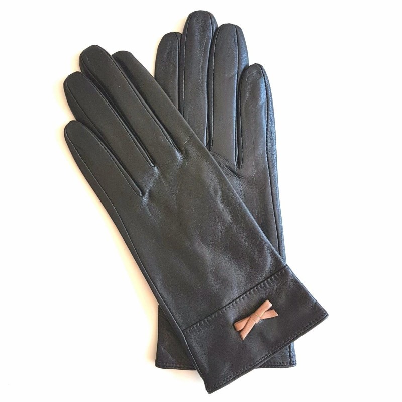 Gants en Cuir d'Agneau Noir Sable Anémone Doublés Soie.