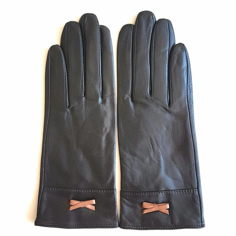 Gants en Cuir d'Agneau Noir Sable Anémone Doublés Soie.