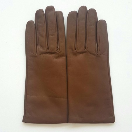 Gants en Cuir d'Agneau Biscuit Capucine Doublés Soie.