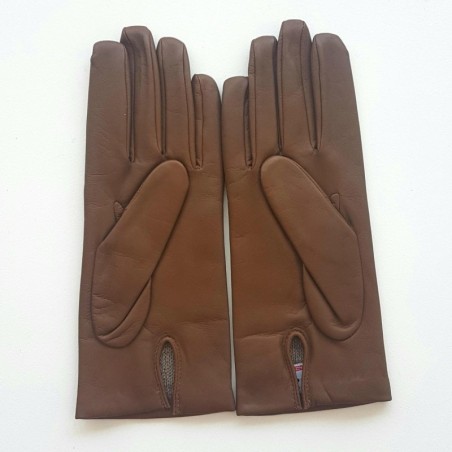 Gants en Cuir d'Agneau Biscuit Capucine Doublés Soie.