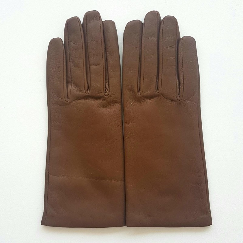 Gants en Cuir d'Agneau Biscuit Capucine Doublés Soie.
