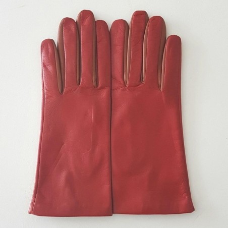 Gants en Cuir d'Agneau Rouge Cognac Colombe Doublés Soie.