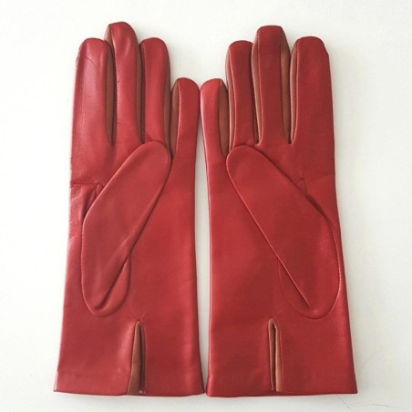 Gants en Cuir d'Agneau Rouge Cognac Colombe Doublés Soie.