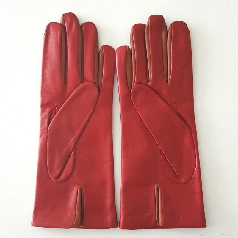 Gants en Cuir d'Agneau Rouge Cognac Colombe Doublés Soie.