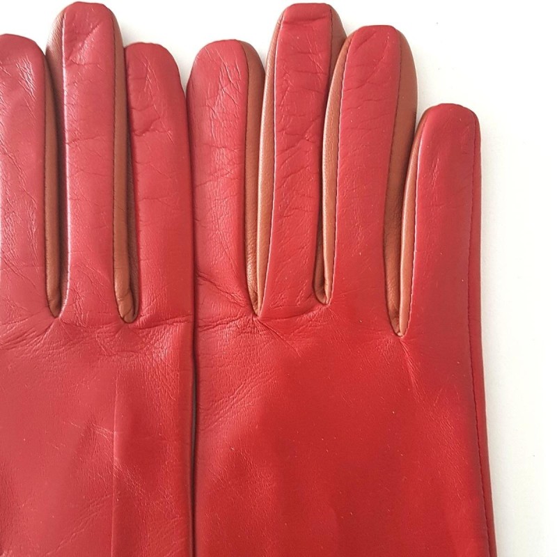 Gants en Cuir d'Agneau Rouge Cognac Colombe Doublés Soie.