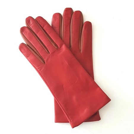 Gants en Cuir d'Agneau Rouge Cognac Colombe Doublés Soie.