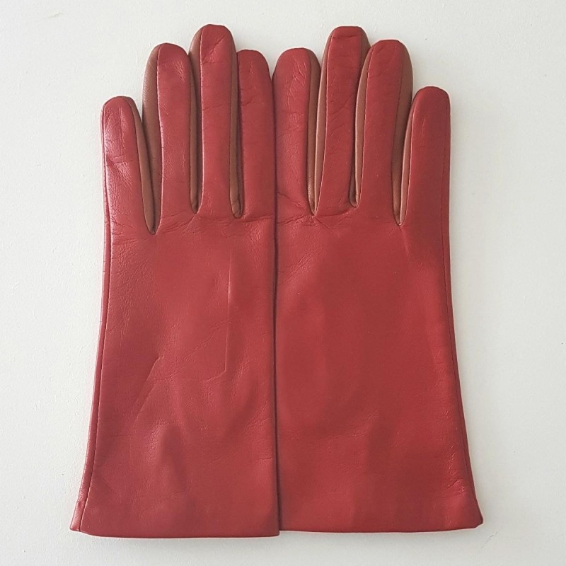 Gants en Cuir d'Agneau Rouge Cognac Colombe Doublés Soie.