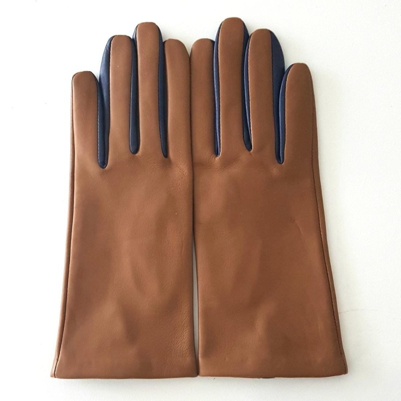Gants en Cuir d'Agneau Biscuit Blue Berry Colombe Doublés Soie.