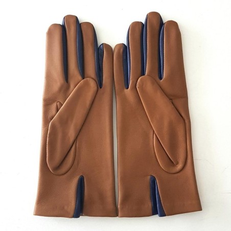 Gants en Cuir d'Agneau Biscuit Blue Berry Colombe Doublés Soie.
