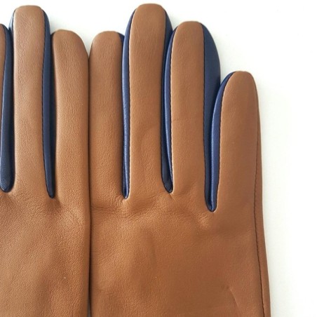 Gants en Cuir d'Agneau Biscuit Blue Berry Colombe Doublés Soie.
