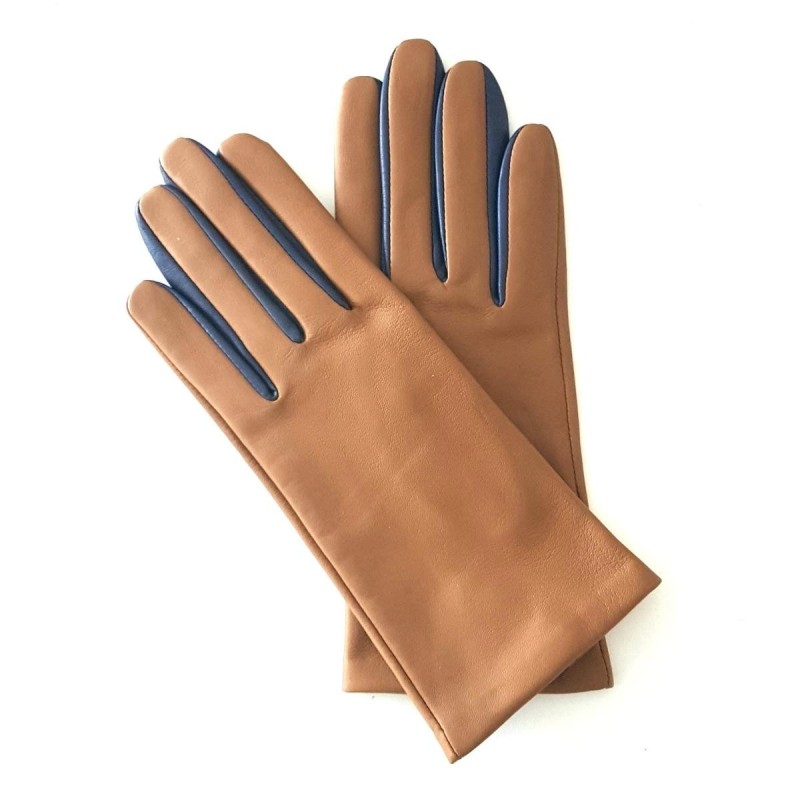 Gants en Cuir d'Agneau Biscuit Blue Berry Colombe Doublés Soie.
