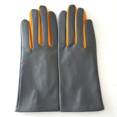 Gants en Cuir d'Agneau Charcoal Jaune Colombe Doublés Soie.