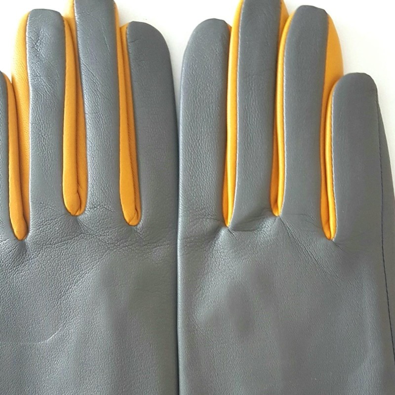 Gants en Cuir d'Agneau Charcoal Jaune Colombe Doublés Soie.