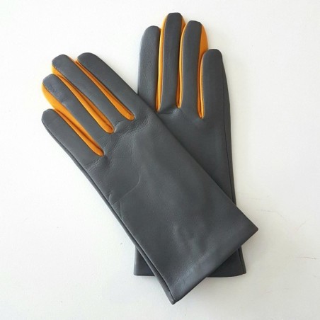 Gants en Cuir d'Agneau Charcoal Jaune Colombe Doublés Soie.