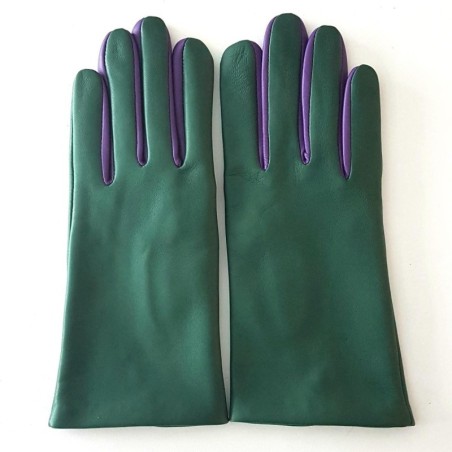 Gants en Cuir d'Agneau Verde Améthyste Colombe Doublés Soie.