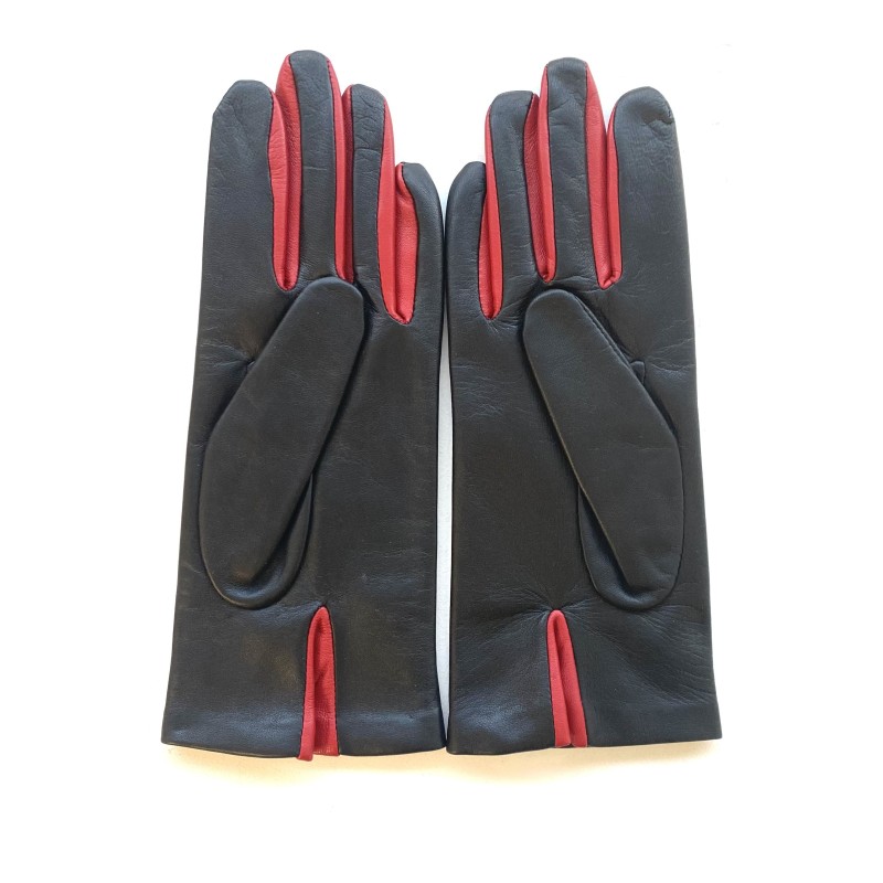Gants en Cuir d'Agneau Noir Rouge Colombe Doublés Soie.