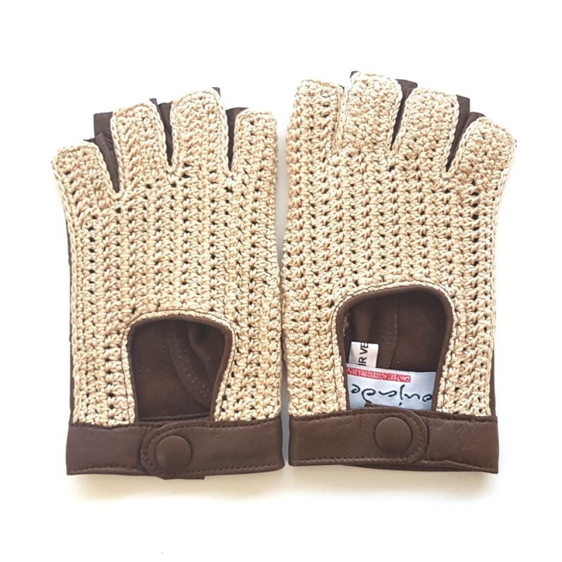 Mitaines Cuir d'Agneau Crochet Coton Havane Ecru Michèle Non Doublées.