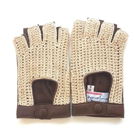 Mitaines Cuir d'Agneau Crochet Coton Havane Ecru Michèle Non Doublées.