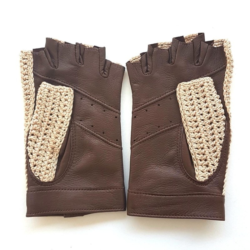 Mitaines Cuir d'Agneau Crochet Coton Havane Ecru Michèle Non Doublées.