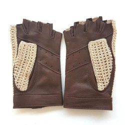 Mitaines Cuir d'Agneau Crochet Coton Havane Ecru Michèle Non Doublées.