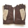 Mitaines Cuir d'Agneau Crochet Coton Havane Ecru Michèle Non Doublées.