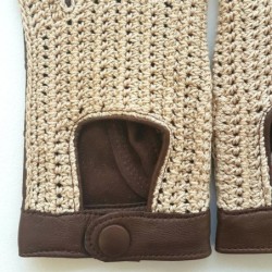 Mitaines Cuir d'Agneau Crochet Coton Havane Ecru Michèle Non Doublées.