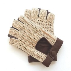 Mitaines Cuir d'Agneau Crochet Coton Havane Ecru Michèle Non Doublées.