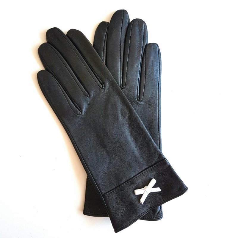 Gants en Cuir d'Agneau Noir Blanc Anémone Doublés Soie.