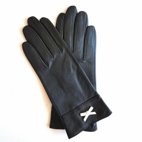 Gants en Cuir d'Agneau Noir Blanc Anémone Doublés Soie.