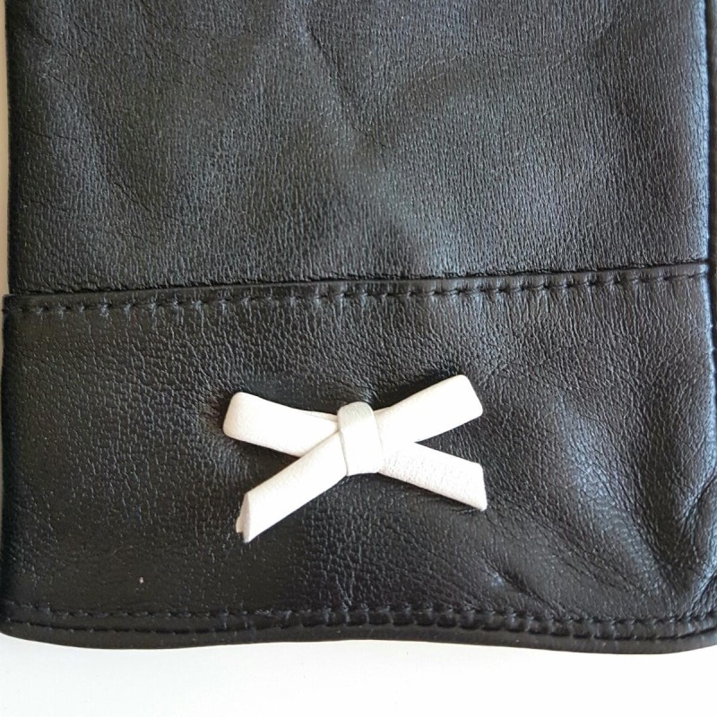Gants en Cuir d'Agneau Noir Blanc Anémone Doublés Soie.