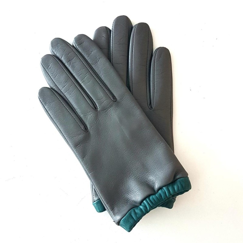 Gants Cuir d'Agneau Gris Vert Jacqueline Doublés soie.