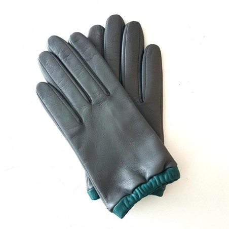 Gants Cuir d'Agneau Gris Vert Jacqueline Doublés soie.